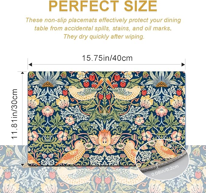 William Morris Strawberry Thief Placemats - Placemats set of 4 Faux Leather Heat Resistant for Dinner Table, Non-Slip Waterproof Oil-Proof Washable Reusable Placemat for Indoor Outdoor Kitchen