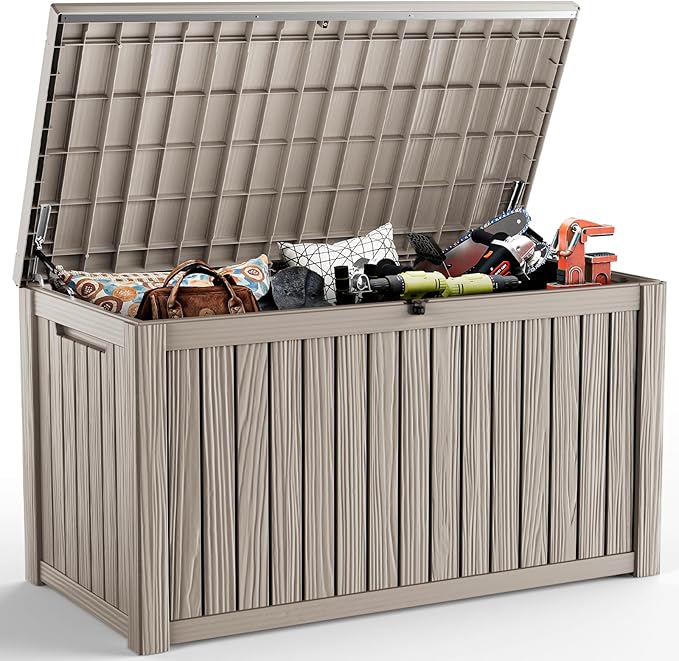 EasyUp 200 Gallon Outdoor Storage Box Waterproof, Lockable Resin Deck Box UV Resistant with Hydraulic Rod, Reinforced Stability for Patio, Garden, and Pool, Striped Gray