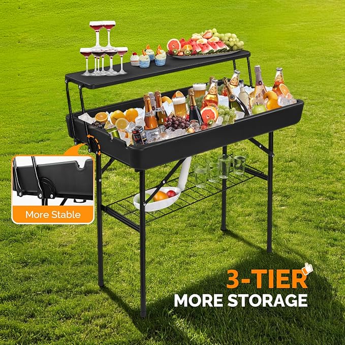 VINGLI Portable Cooler Table with Extra Storage Shelf, Alloy Steel, Black, Picetable Model