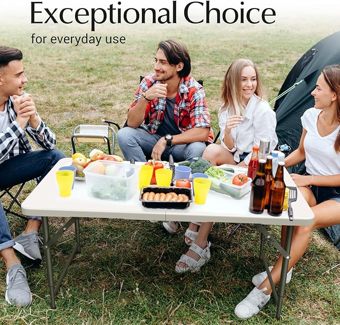 4 Feet Foldable Table Adjustable Height with Built in Handle, Steel Legs | 4FT Heavy Duty Portable | Perfect for Party Dining Wedding Events Picnic Indoor Outdoor Camping Utility Folding - 4 Foot