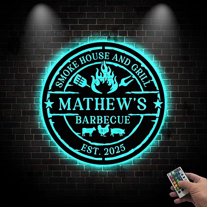 Personalized BBQ Sign - Barbeque Custom Name Sign with Lights, 16-Color LED with Remote Control, LED Light Farm Animal Smokehouse Grill Decor for Backyard, Patio, Bar