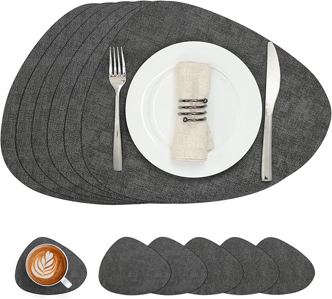Placemats and Coasters, Washable Reversible Placemats Round Faux Leather Wipeable Place Mats Non Slip Heat Resistant Indoor Outdoor Table Mats (Set of 6, Gray)