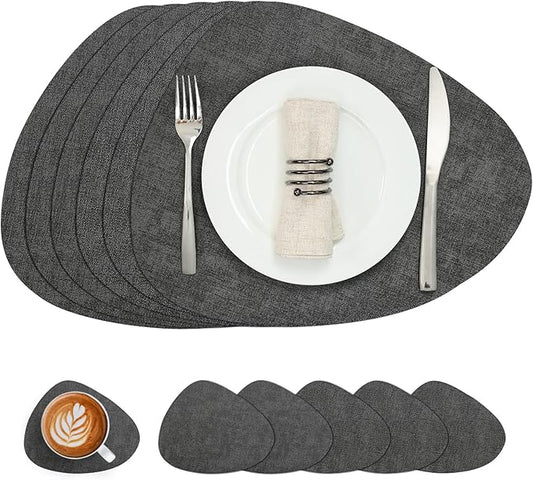 Placemats and Coasters, Washable Reversible Placemats Round Faux Leather Wipeable Place Mats Non Slip Heat Resistant Indoor Outdoor Table Mats (Set of 6, Gray)
