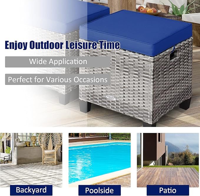 Tangkula 2 Pieces Patio Rattan Ottomans, Outdoor Wicker Footstool Footrest Seat with Soft Cushions and Steel Frame, All-Weather Patio Ottoman Set for Backyard Garden Poolside