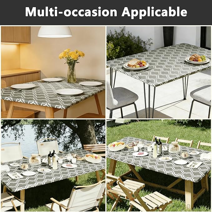 Rectangle Picnic Table Cloth, Elastic Waterproof Fitted Vinyl Tablecloths for 8 Foot Tables, Wipeable Flannel Backed Table Covers for Dining, Camping, Outdoor(Grey,30"x96")