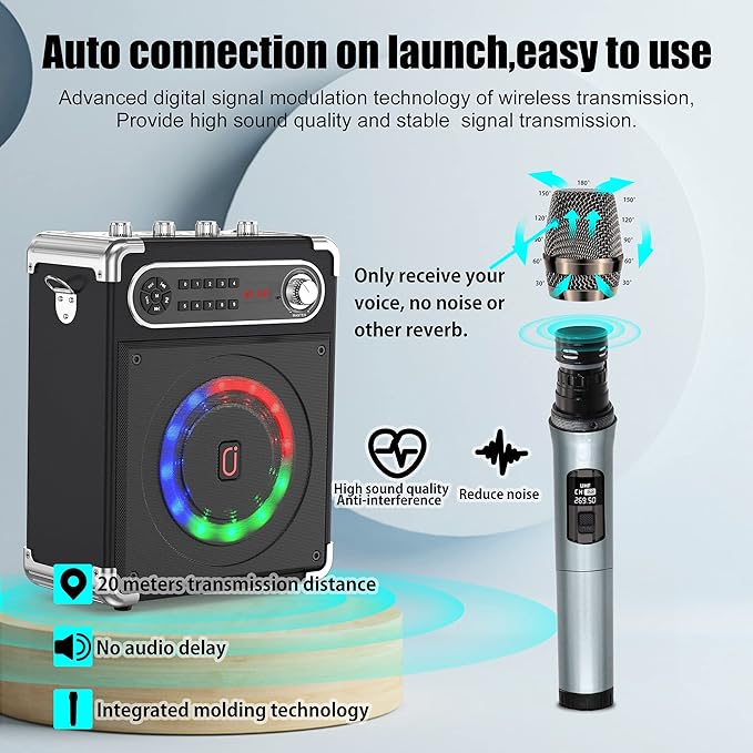 JYX Karaoke Machine with Two Wireless Microphones, Portable Bluetooth Speaker with Bass/Treble Adjustment, PA System with Remote Control, LED Lights,Supports TF Card/USB, AUX IN, FM, REC,TWS for Party