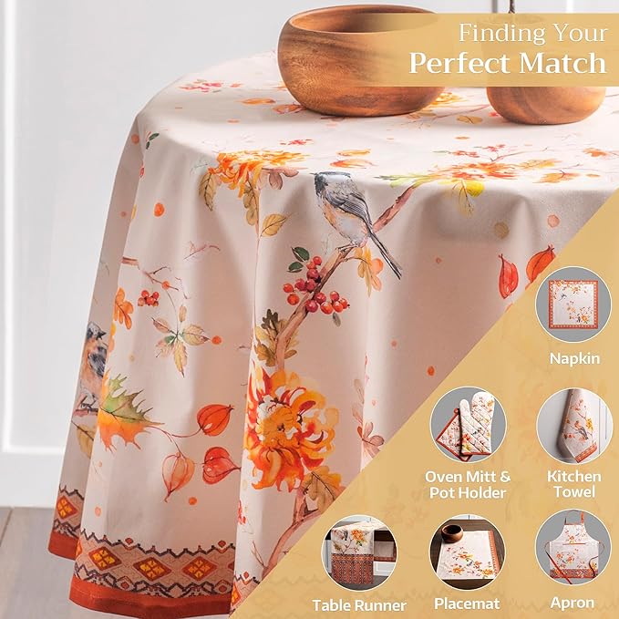 Maison d' Hermine Table Cloth Round Table 100% Cotton 63 Inches Fall Tablecloth Reusable Everyday Use for Thanksgiving Christmas Decorations Dining Farmhouse Party (Kelim - Prairie)
