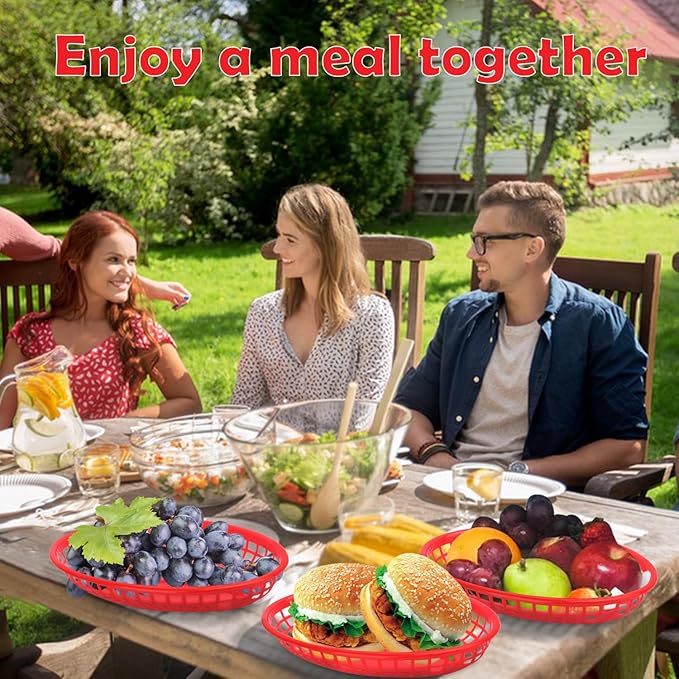 80 Pcs 9 x 5.7 Inch Reusable Oval Fast Food Baskets, Sturdy Plastic Serving Baskets for Fast Food, Parties, Picnics, BBQs and Snacks, by KUKLIPJIM.(Red)