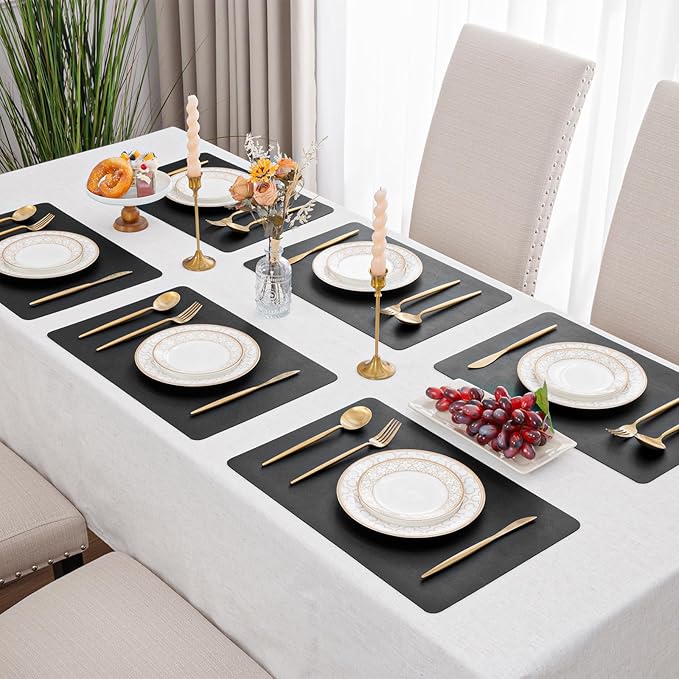 SHACOS Placemats Set of 6 Faux Leather Waterproof Leakproof Wipeable PU Non-Slip Vinyl Place Mats Heat Resistant Table Mats for Kitchen Dining Table Indoor Outdoor, Black