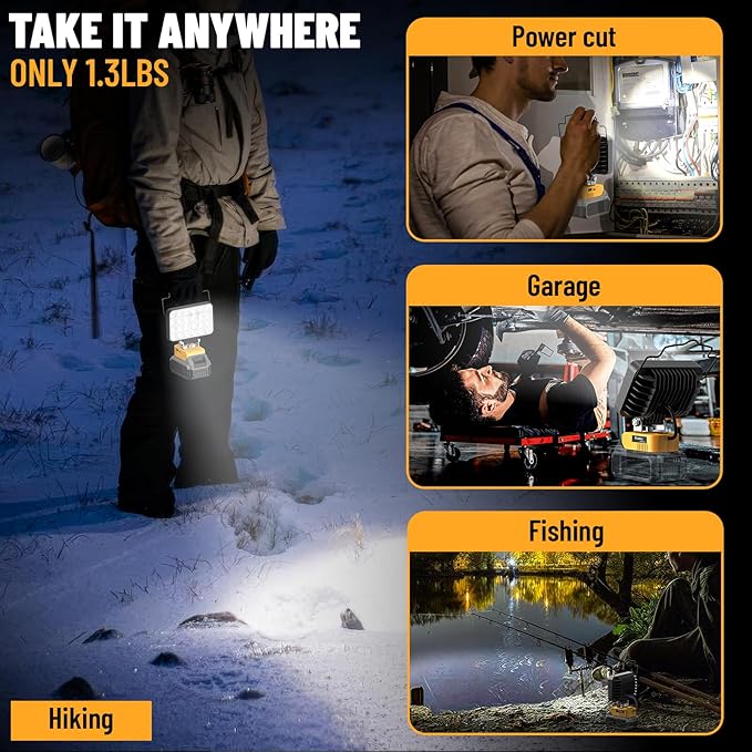 Ecarke LED Work Light Compatible with DeWALT Battery, Ecarke 20v Work Light with Low Voltage Protection, 88W 8800Lumen Portable Light, USB & Type-C Charging Port Cordless Light for Job Site & Outdoor