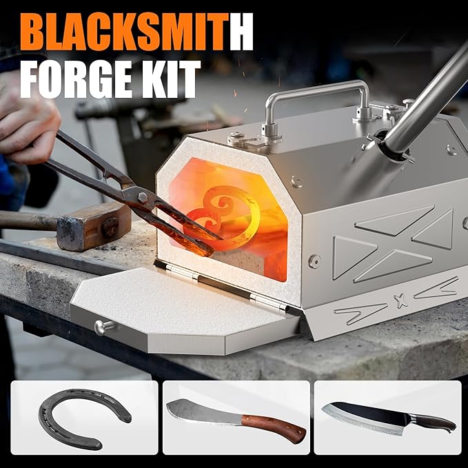 Nelyrho Portable Propane Blacksmith Forge Kit with Double Door, Single Burner, 30PSI Regulator, Knife Making and Beginner Blacksmith Tools