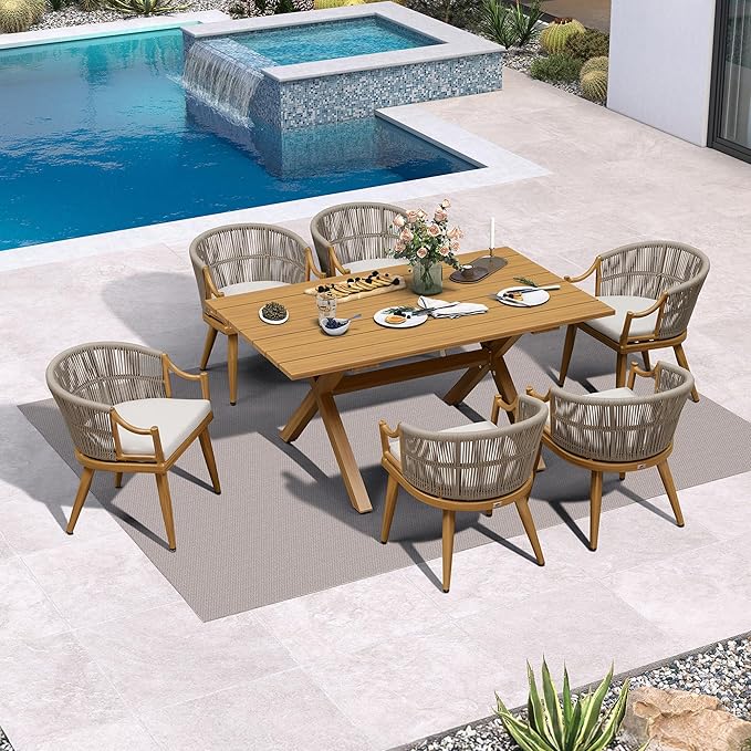 PURPLE LEAF 7 Pieces Outdoor Dining Set All Weather Wicker Patio Dining Set with Rectangular Aluminum Table and Modern Armrest Dining Chairs for Garden Deck Backyard Kitchen, Teak