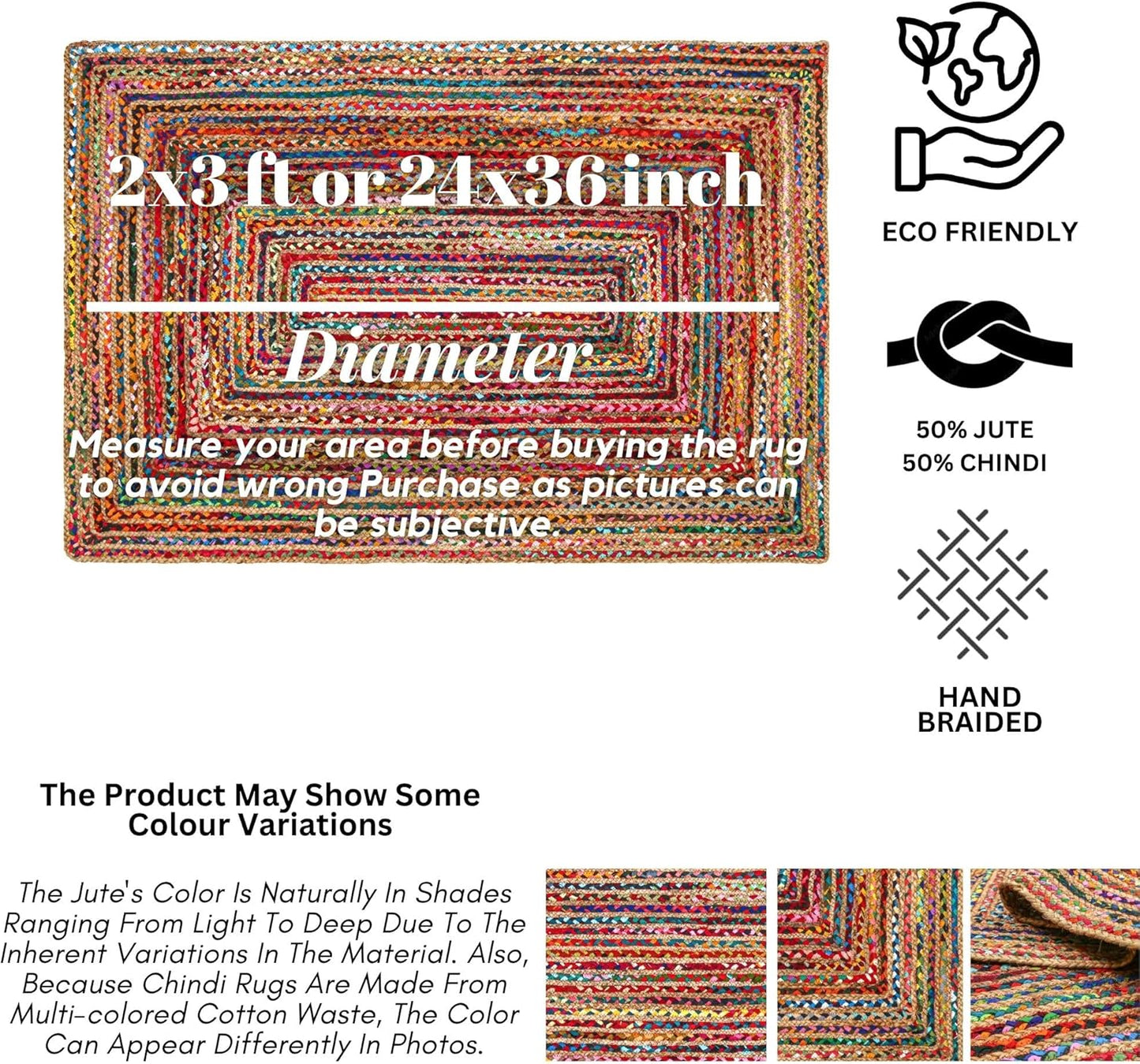 2'x3' Handwoven Jute Chindi Area Rug - Colorful Boho Rugs for Living Room - Hand Braided Multicolor Bohemian Rug for Farmhouse, Bedroom, Dining Room, Classroom, Hallway, Kitchen, Office