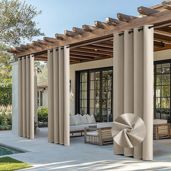 NICETOWN 100% Blackout Outdoor Curtains for Patio Waterproof 2 Panels, Linen Textured Thermal Insulated Indoor/Outdoor Drapes for Gazebo, Privacy Sun Shades for Porch, Garden, W52 x L108 Inch, Natural