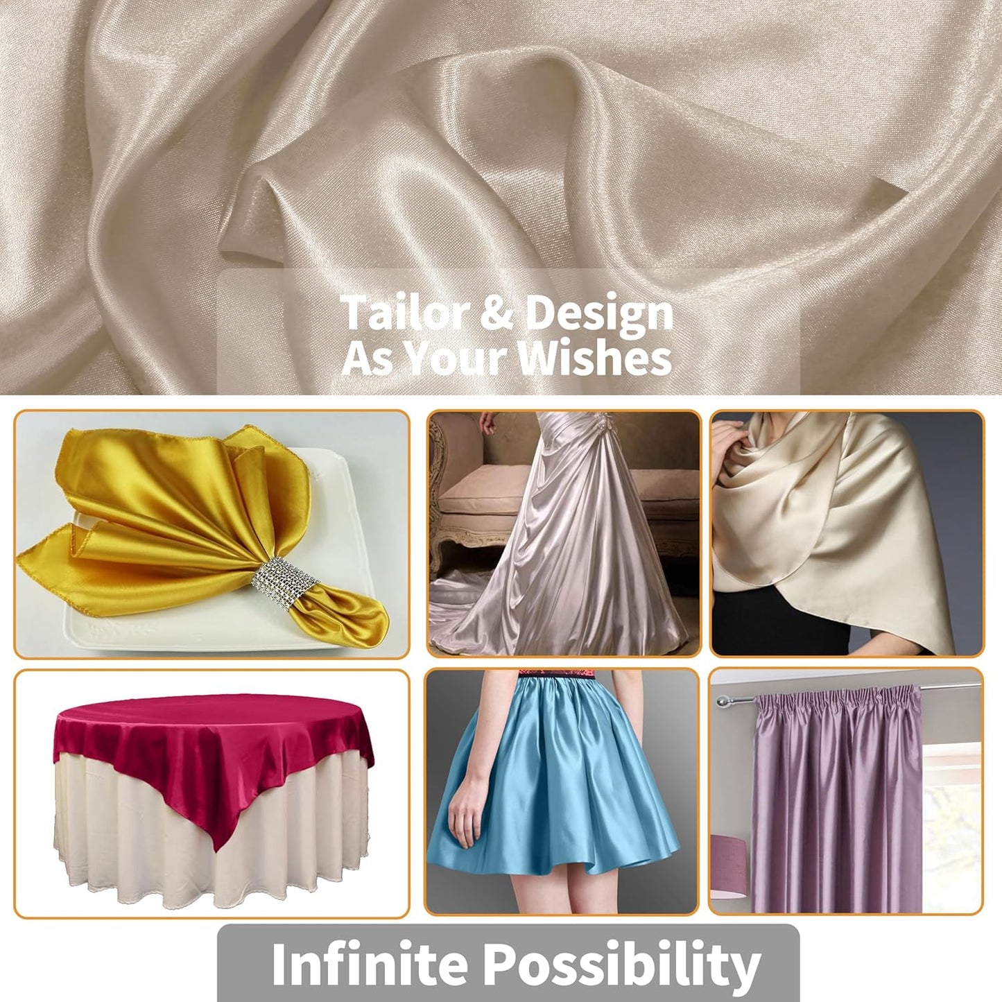 RUDONG M Beige Satin Fabric by The Yard, 3 Yard x 60 Inch Wide Silky Charmeuse Satin Fabric, Soft Satin Fabric for Wedding Decorations, Bridal Dress, Sewing, Accessories, DIY Crafts