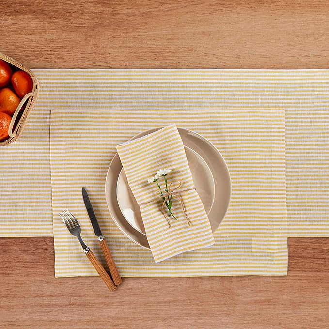 Solino Home Linen Striped Table Runner 144 Inches Long - Narrow Stripe 100% Pure Linen Spicy Mustard and White Dining Table Runner 14 x 144 Inch for Spring, Easter