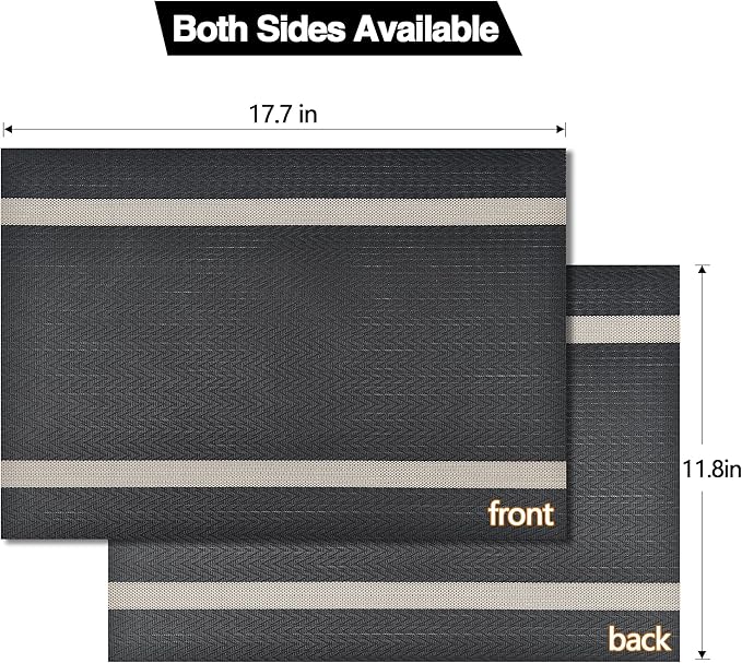 SLKQG Black Placemats Set of 8 - Easy Clean Modern Durable Washable Vinyl Place Mats - Heat Resistant Placemats for Kitchen Table - PVC Table Mats for Dining Table (Black with Stripes, 8)