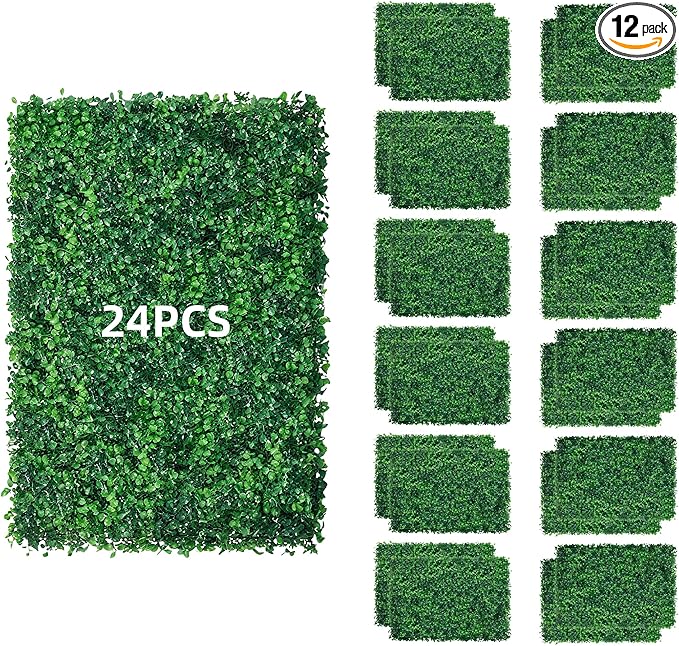 24x16 Inch Artificial Boxwood Panels (12-Pack) - UV Protected Faux Grass Wall Mats for Outdoor Fence Cover, Garden Privacy Screen, Indoor Wall Decor, and Wedding Backdrops (12)