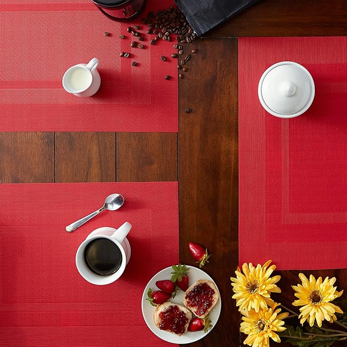 DII PVC Tabletop Collection Woven Indoor/Outdoor, Placemat Set, 13x17.25, Tango Red, 6 Piece