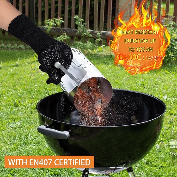 BBQ Fireproof Gloves, Grill Cut-Resistant 1472°F Heat Resistant Gloves, Non-Slip Silicone Oven Gloves, Kitchen Safe Cooking Gloves for Oven Mitts,Barbecue,Cooking, Frying,13.5 Inch-Black