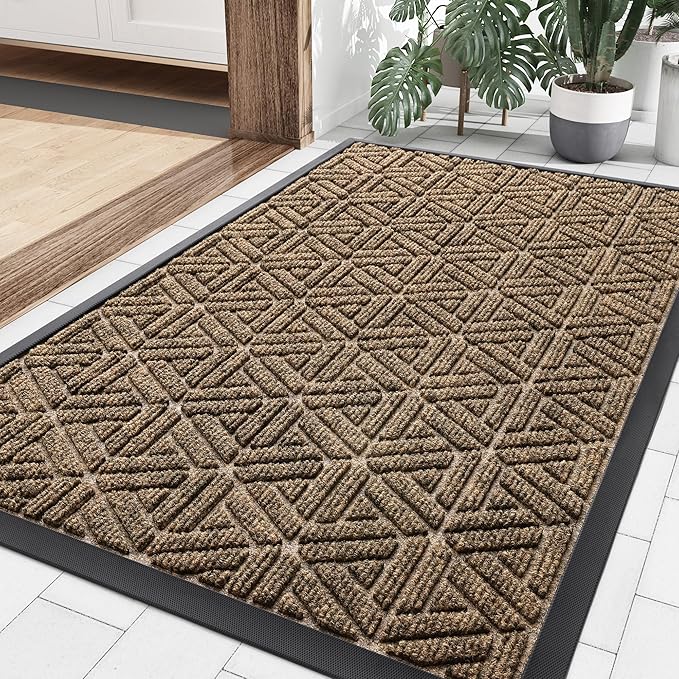 Smiry Front Door Mat Outside Entrance, Heavy Duty Sturdy Natural Rubber Doormat, Trap Dirt and Moisture, Easy Clean Low Profile Mats for Indoor Outdoor Entry, Grid Geometric (36x24, Brown)