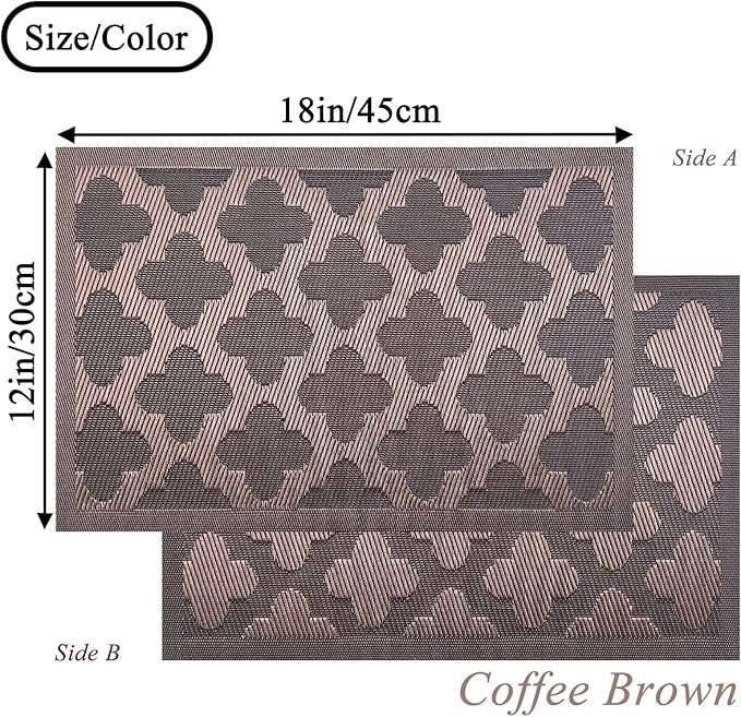 Vinyl Placemats Set of 4, Easy to Clean Plastic Washable Table Mats Heat-Resistant Placemats for Dinner Table (Brown)