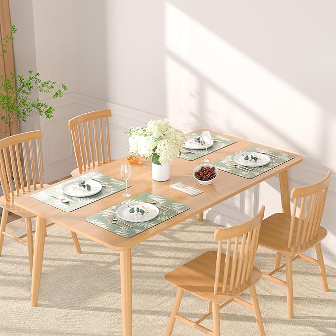 QIYI Placemats Set of 6, 12x18 Inch Faux Leather Place Mats for Kitchen Dinning, Heat Resistant Anti Slip Green White Table Mats, Waterproof Wipeable Washable Placemat Party Table Décor, Fern Leaves