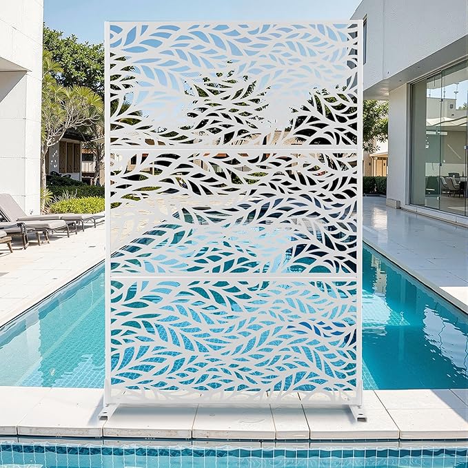 Metal Privacy Screen for Outdoor & Indoor Use, Free Standing Privacy Screen for Patio Garden Pool, 72" H x 47" W Decoative Privacy Panels, Weather Resistant, Easy Assembly (White Spring)