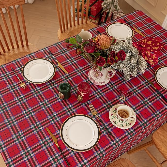 Romanstile Christmas Plaid Square Vinyl Tablecloth, 100% Waterproof Checkered PVC Table Cloth, Heavy Duty Xmas Gingham Plastic Table Cover for Dining, Party, Holiday Decor - 54 x 54 Inch, Red