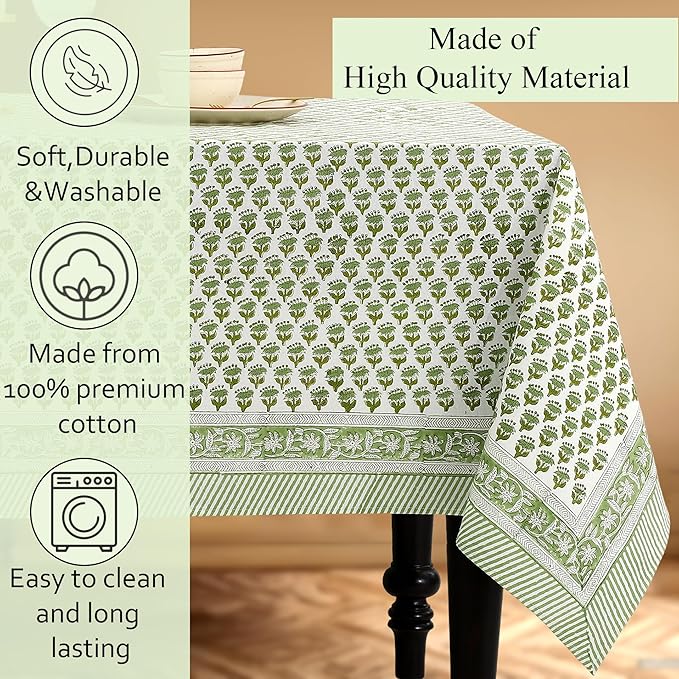 CPC Emerald Green Floral Hand Block Printed 100% Cotton Tablecloth 60x108 Rectangular Reusable and Washable Boho Dining Table Cloth Thanksgiving
