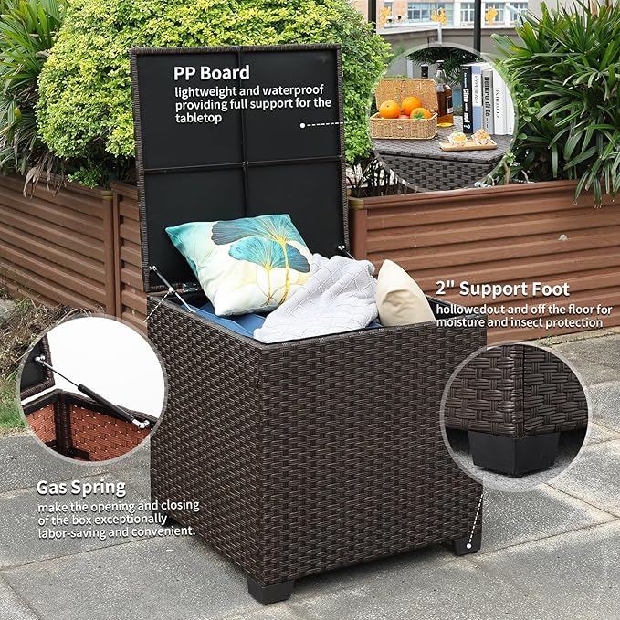 Rattaner 80 Gallon Wicker Outdoor Storage Box Square Patio Storage Bin with Waterproof Lining Bag Deck Storage Box and Cushion Storage Bin Outdoor, Brown Wicker