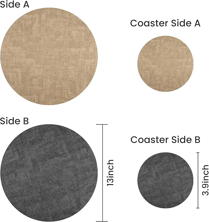 13-Inch Faux Leather Round Placemats Set of 12, Waterproof Anti-Slip Dual Sided Place mats, Heat Resistant Washable Table Mats with Coaster, Suitable for Indoor & Outdoor (12, Black Light Coffee)