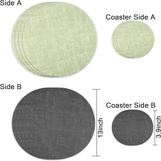 13-Inch Faux Leather Round Placemats Set of 4, Waterproof Anti-Slip Dual Sided Place mats, Heat Resistant Washable Table Mats with Coaster, Suitable for Indoor & Outdoor (4, Black Light Green)