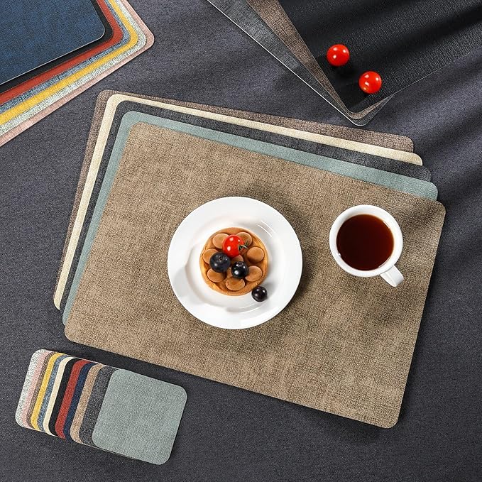 Myir JUN Dual Sided Placemats, Faux Leather Set of 6 Indoor/Outdoor Square Non-Slip Washable Table Mats (Gray Yellow)