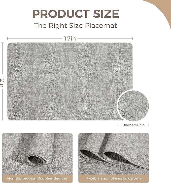 Vinyl Placemats Set of 12, Faux Leather Waterproof and Heat Resistant Place Mats, Washable Anti-Slip Table Mats with Coaster, Wipeable Placemats for Indoor & Outdoor 17" x 12" (Light Grey, Set of 12)