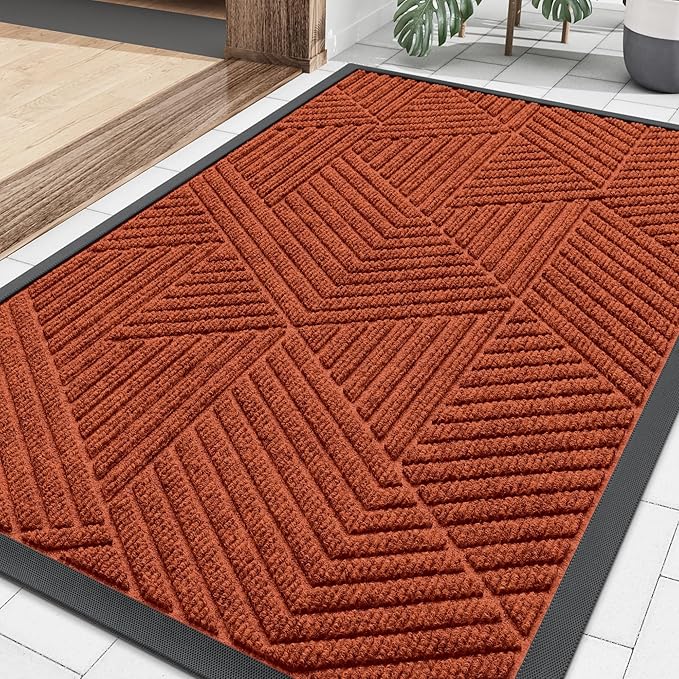 Smiry Front Door Mat Outside Entrance, Heavy Duty Sturdy Natural Rubber Doormat, Trap Dirt and Moisture, Easy Clean Low Profile Mats for Indoor Outdoor Entry, Irregular Triangle (36x24, BRN-Orange)
