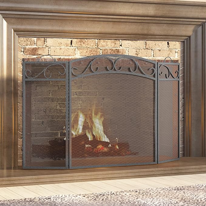 Fire Beauty Fireplace Screen 3 Panel with Handles Wrought Iron 51"(L) x31(H) Spark Guard Cover(Pewter)
