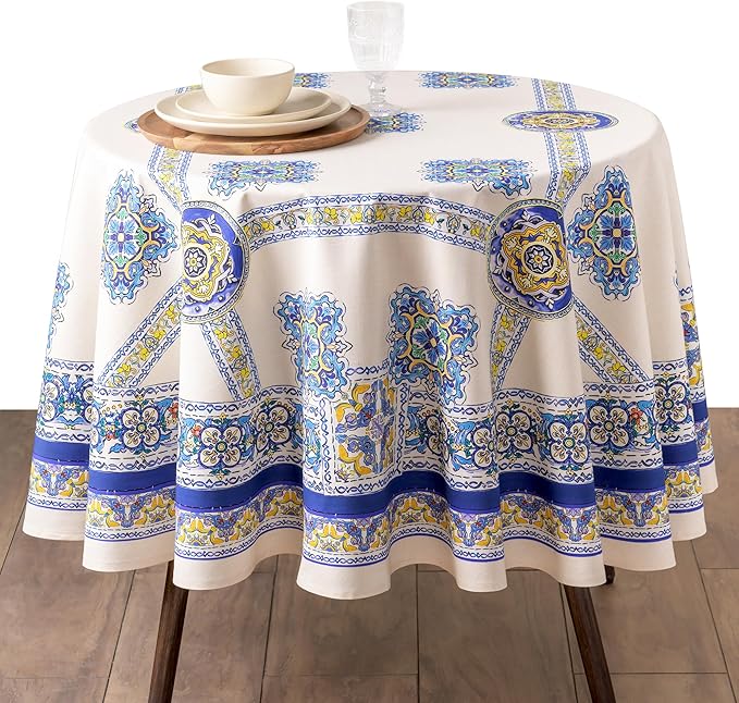 Maison d'Hermine Premium Table Cloth Round Table 100% Cotton 70 Inches Tablecloth Reusable Decorative Everyday Use for Dining Room, Farmhouse, Home, Party, Festive & Wedding - Sciacca