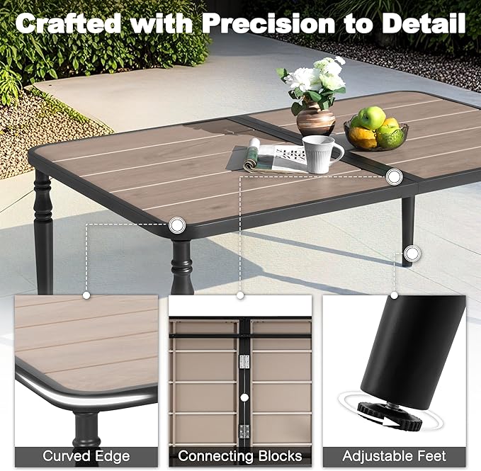 NUU GARDEN Patio Dining Table for 6, 61” x 37” Large Rectangle Metal Table with Wood-Grain Tabletop, Outdoor Table with 2.1” Umbrella Hole for Backyard, Lawn, Garden, Black