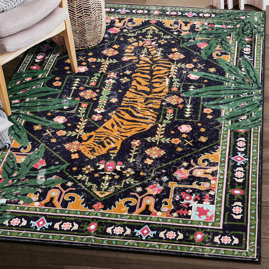 Oriental Tropical Washable Rugs, Stain Resistant Black Boho Vintage Distressed Hippie 45x7 Area Rugs for Living Room Bedroom Kitchen Entryway, Abstract Botanical Tribal Indian Accent Carpet