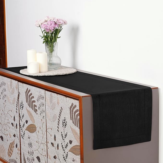D'Moksha Homes Linen Black Table Runner 84 Inches Long - 100% Pure Linen Table Runner 14 x 84 Inch for Spring, Easter - Classic Hemstitch