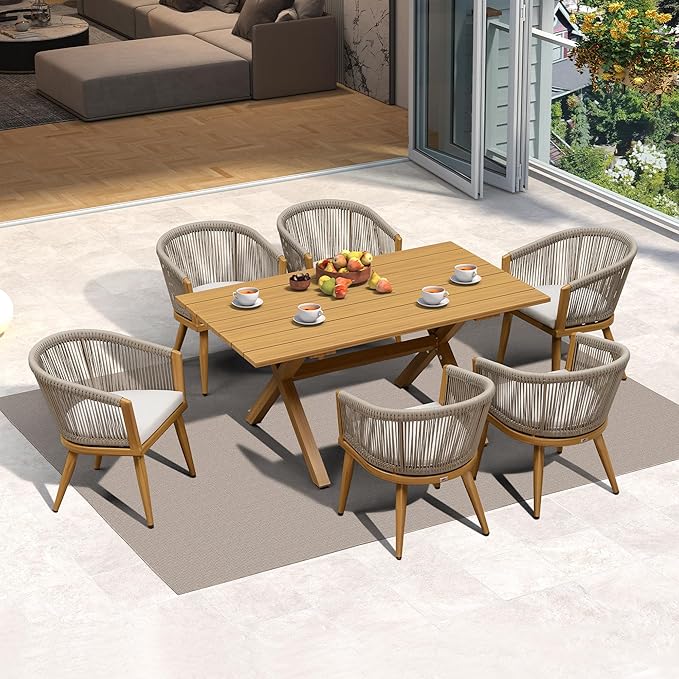 PURPLE LEAF Outdoor Dining Set for 6 All-Weather Aluminum 7 Piece Outdoor Patio Dining Furniture Sets with Woodgrain Table and Rope Weave Chairs Included Cushions for Backyard Patio Set Teak Color