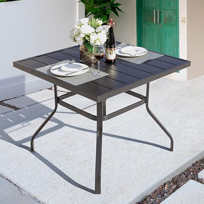 NUU GARDEN 37" Outdoor Patio Table, 4 Person Steel Slat Square Dining Table with 1.57" Umbrella Hole, Slatted Top and Powder Coated Iron Frame for Patio, Garden and Balcony, Black
