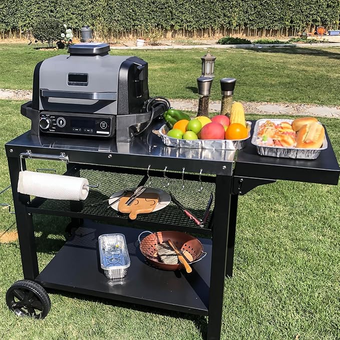 Outdoor Kitchen Island, Grill Table Cart with Drawer, Pizza Oven Stand, Movable 3-Shelf Prep Table with Side Table for Ninja Woodfire, Ooni Pizza Oven, Blackstone Griddle, Cuisinart, Barbecue tool set