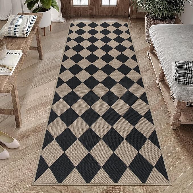 Easy Jute Checkered Runner Rug, 2.6x8 Black Modern Washable Rugs Runner for Hallway Non-Slip Kitchen Runner Rug, Geometric Diamond Indoor Outdoor Carpet for Porch Laundry Entryway