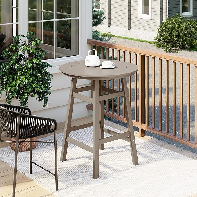Costaelm Patio Bistro Table, 42" Counter Height Round Patio Cocktail Bar Table with Umbrella Hole, Outdoor Bistro Dining Pub Table for Front Porch Deck Backyard Garden, Weathered Wood