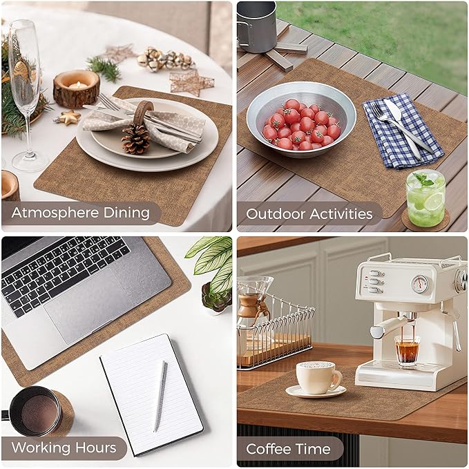 Vinyl Placemats Set of 8, Faux Leather Waterproof and Heat Resistant Place Mats, Washable Anti-Slip Table Mats with Coaster, Wipeable Placemats for Indoor & Outdoor 17" x 12" (Light Brown, Set of 8)