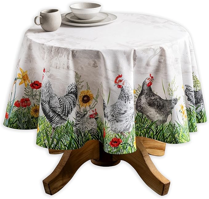 Maison d' Hermine Table Cloth Round Table 100% Cotton 63 Inches Tablecloth Reusable Decorative Everyday Use for Dining Room, Farmhouse, Home, Party, Festive & Wedding Spring Summer - Basse Cour
