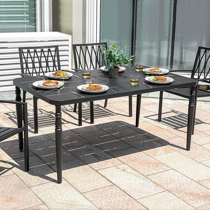 NUU GARDEN Weather-Resistant Outdoor 61” x 37” Rectangle Metal Dining Table with Umbrella Hole, Powder-Coated Frame, Slatted Tabletop, for Patio, Garden, Backyard and Balcony, Black