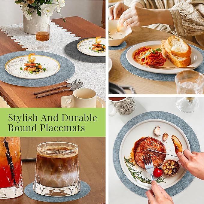 13-Inch Faux Leather Round Placemats Set of 12, Waterproof Anti-Slip Dual Sided Place mats, Heat Resistant Washable Table Mats with Coaster, Suitable for Indoor & Outdoor (12, Black Light Blue)
